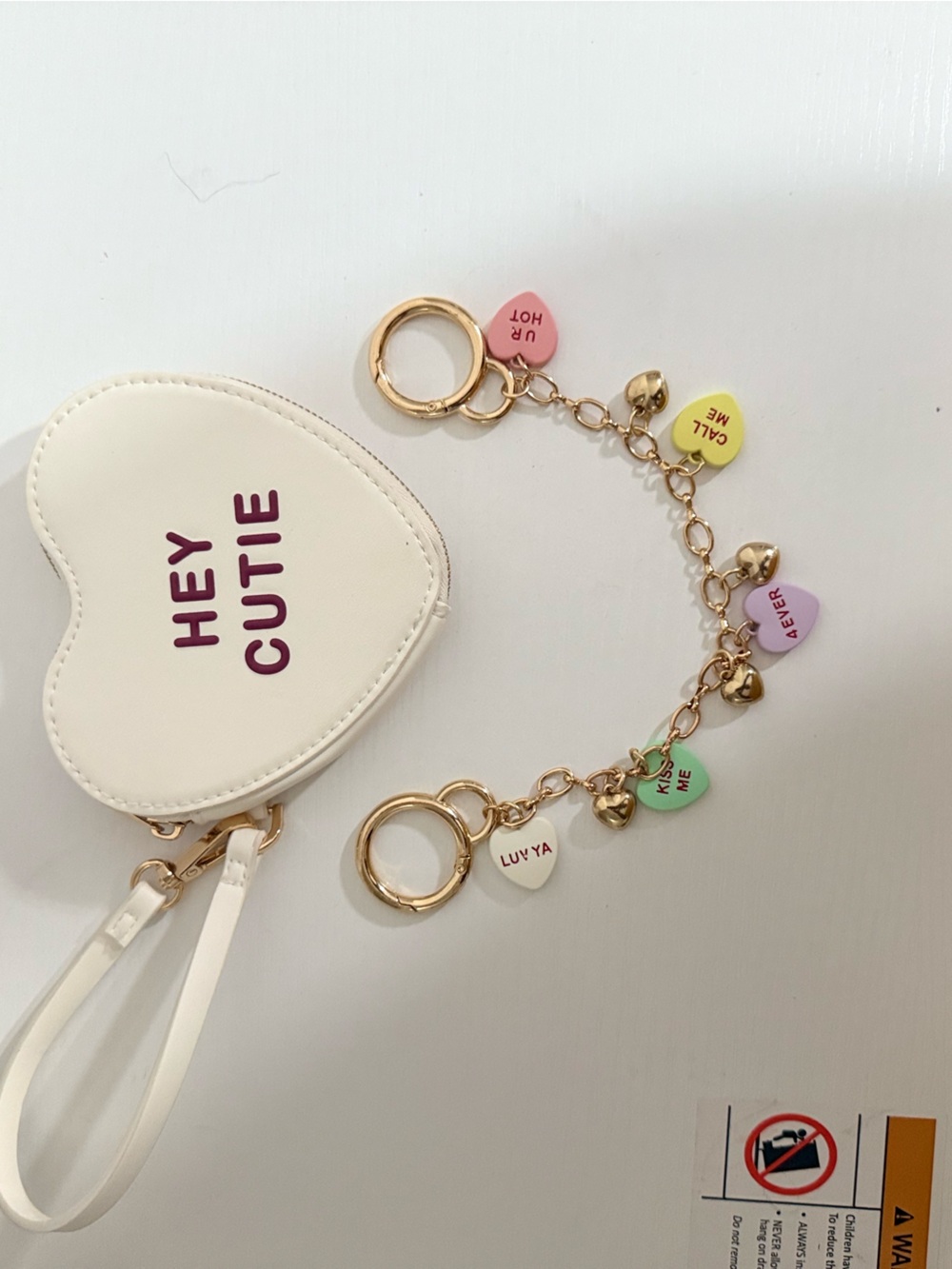 White Heart Wristlet Coin Purse with Charm Chain